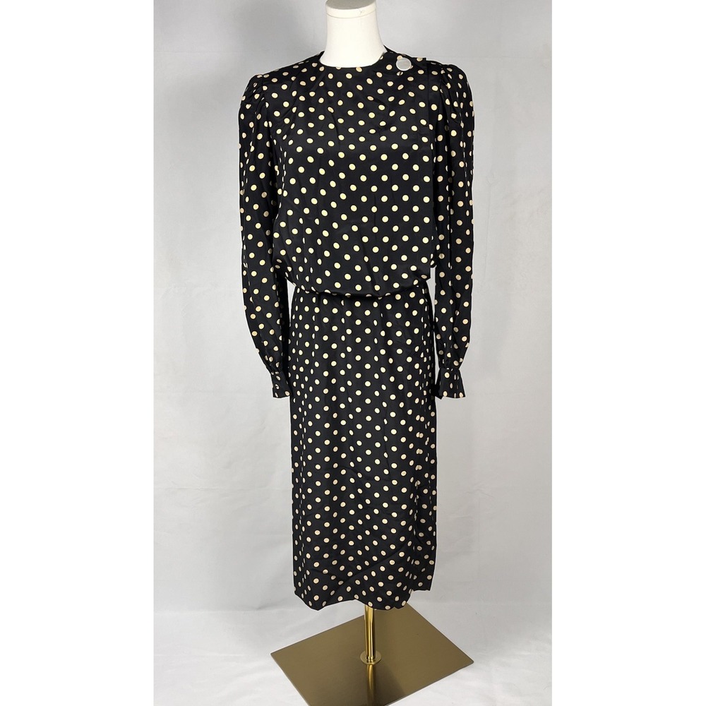 Vintage 80s Norma Walters Silk Midi Dress Black Polka Dot Elastic Waist Size 6